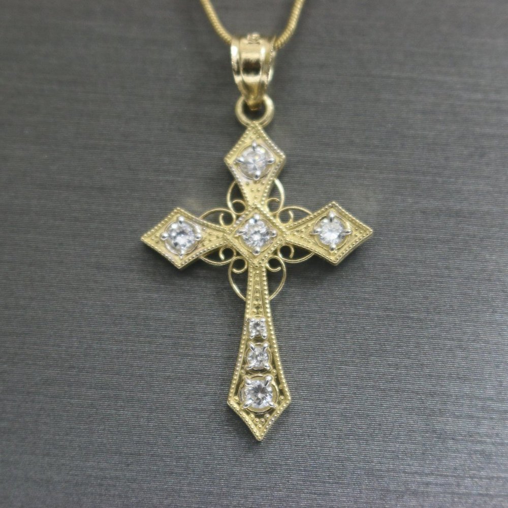 14kt White Sapphire Cross Pendant with 14kt Hollow Snake Chain